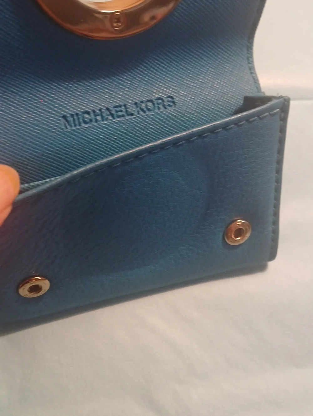 Michael Kors Blue Pebbled Leather Rose Gold MK Logo Flap Card Case Mini Wallet